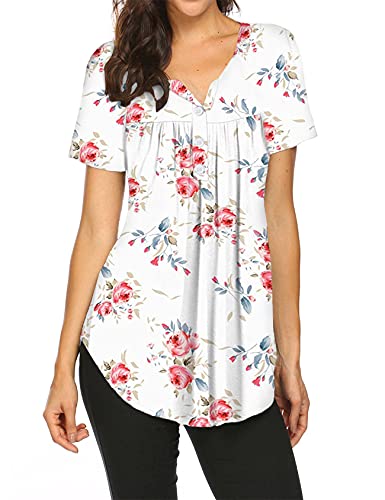 Halife Women's Summer Floral Tops Short Sleeve V Neck Shirts Loose Fit Pleated Blouse Flowy Tunics For Leggings White L #TOP3