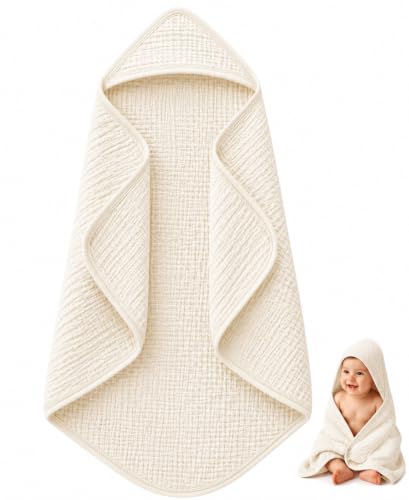 Image of Baby Hooded Bath Towel 100% Cotton Muslin 76x76 cm, 0-3Y, Newborn | Breathable, Lightweight,100% Muslin Cotton