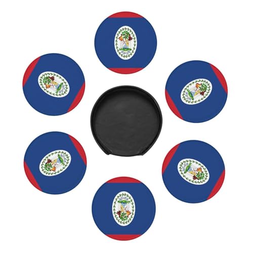 Lot de 6 Dessous de Verre Ronds en Cuir avec Drapeau du Belize, résistants aux Taches de Chaleur et en PU avec Support de Rangement, idéaux pour la Salle à Manger, la Cuisine et Le Bureau