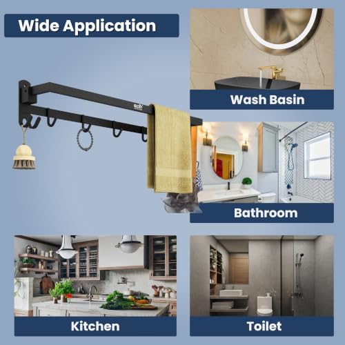 Image of Gloxy Premium 24 Inch Towel Holder in Bathroom with Hooks Combo Pack of 3 - Stainless Steel With Black Matte Finish Towel Rod for Bathroom - Rust Resistant Bathroom Clothes Holder - Bathroom Accessory