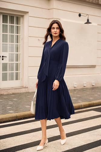 Image of GRACE KARIN Womens 2025 Fall Long Sleeve Dress, Casual V Neck Pleated A Line Flowy Midi Dresses