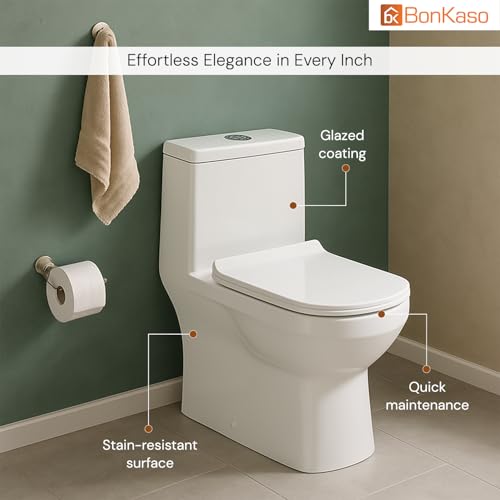 Image of BonKaso Premium Western Floor Mounted Ceramic One Piece Commode (White)| S Trap European Toilet with Soft Close Seat | Square Design Water Closet for Bathroom /Lavatory | Siphonic Vacuum Flush System