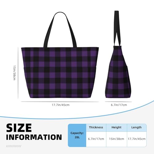 Purple Black Plaid Large Beach Bag Waterproof Sandproof Swim Tote Pool Bag For Women With Zipper3