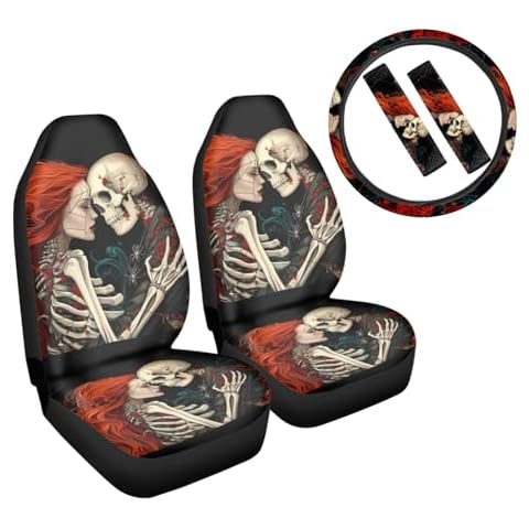 Dremagia Halloween Car Seat Covers Scary Skull Skeleton Auto Interior Accessories Sets 5 Pack with 1 Steering Wheel Cover+2 Seatbelt Pads Universal Fit Most Vehicles Cover