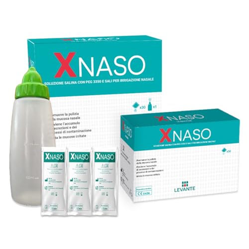 XNASO Lavaggio Nasale Adulti e Bambini 240ml+30 Bustine Soluzione Salina con PEG 3350 e Sali Minerali Irrigatore Nasale con Flacone Riutilizzabile Pulizia Naso Adulti e Lavaggi Nasali Bambini