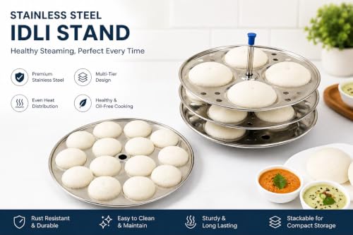 Image of Ankur Gold Stainless Steel Idli Cooker with Glass Lid | 4 Idli Plates (1 Mini Idli Plate + 3 Regular Idli Plates) | Induction Compatible Bottom | Food Grade Stainless Steel Idli Maker | Steamer for Soft Idli (1 Mini + 3 Regular)