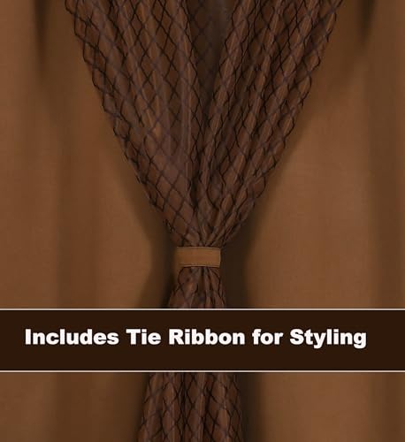 Image of IVAZA Faux Silk Hybrid Designer 100% Blackout Curtain 2-in-1|Dual-Layer Design with Decorative Mesh Overlay & Tie Ribbon|100% Light Blocking,Thermal Insulated, Long Door- 9 Feet (Pack of 2) Coffee