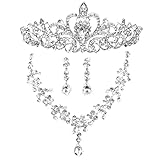 3Pcs Hochzeit Rhinestone Diademe Necklace Earrings Set, Silber Kristall Brautschmuck Sets Strass Krone Tiara Halsband Halskette Ohrring Hochzeit Kristall Perlen Perle Schmuck Set