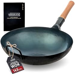 YOSUKATA 14” Blue Carbon Steel Wok with Round Bottom | Blue Pre-Seasoned Pow Wok for Stir Fry, BBQ & Camping – Traditional Chinese Cookware – Gas Stoves & Open Fire Only