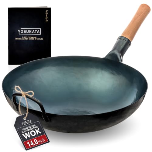 YOSUKATA 14” Round Bottom Carbon Steel Wok Pan – Blue Pre-Seasoned Pow Wok for Stir Fry, BBQ & Camping – Traditional Japanese & Chinese Cookware – Compatible with Gas Stoves & Open Fire Only