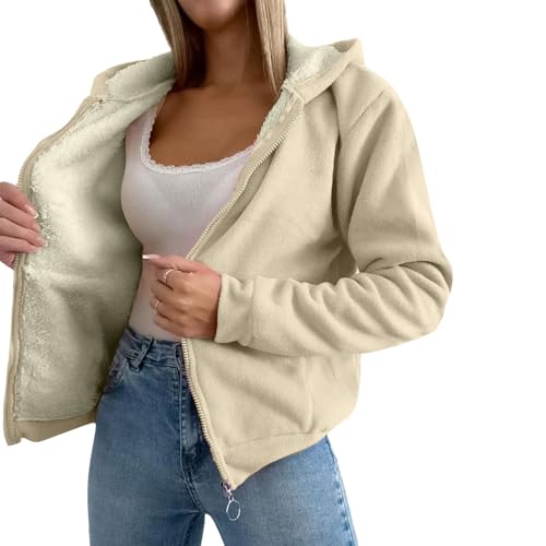 amropi Women's Hooded Jacket Warm Fleece Lined Sweatshirt Coat Winter Outerwear Beige,L