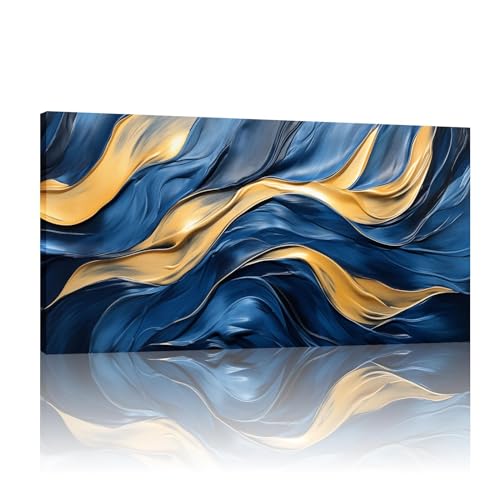 Toile d'art abstraite bleue et dorée 50x100 cm avec cadre