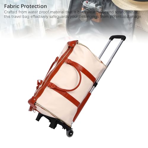 Asixxsix Leather Travel Bag, Foldable Water proof Large Capacity Carry On Tote Duffel Bag with Detachable Telescopic Trolley Garment Convertible Weekender Bags for Men Women (Beige)2