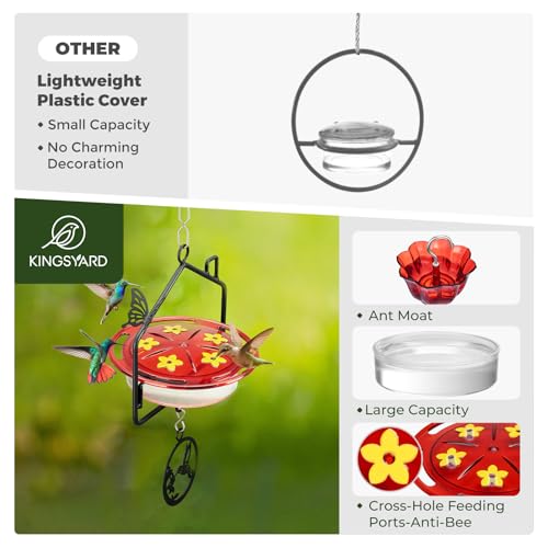 Kingsyard Upgraded Hummingbird Feeder Hanging, Large Capacity Nectar Tray Bee Proof Leakproof, Outdoor 5 Port Perch Metal Bracket Ant Moat Easy Clean Weather Resistant,Black Metal Frame