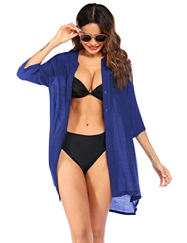 Image of Ekouaer Bathing Suit Cover Up for Women V Neck Button Down Swimsuit Coverup Beach Dress Shirt S-3XL
