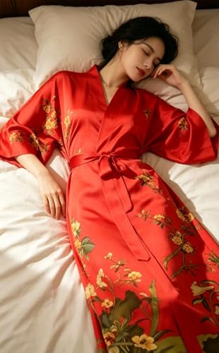 Image of Women's Classic 100% Silk Kimono Robe, Bathrobe-Printed Pattern