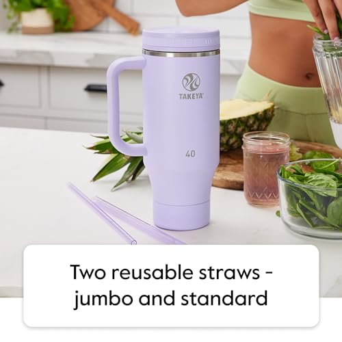 Image of Takeya Stainless Steel Tumbler with Handle and Straw (40 oz, Vivacity Purple) - Insulated Water Bottle with Straw for Water & Iced Beverages