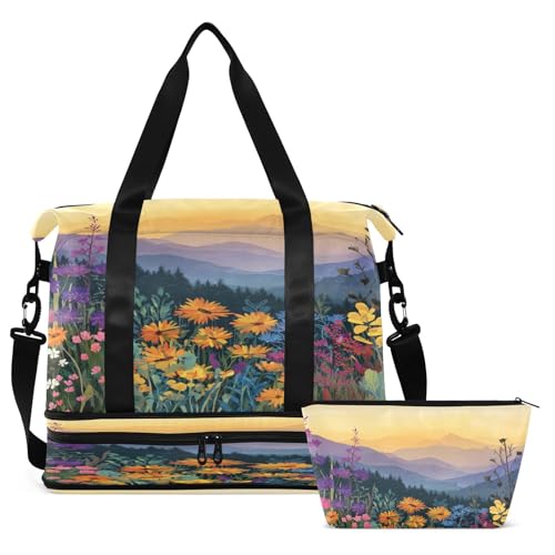 Flowers Orange Duffel Bag for Women Men Gym Bag with Shoe Compartment Wet Pocket Carry On Weekender Overnight Bags for Hospital Gym Travel