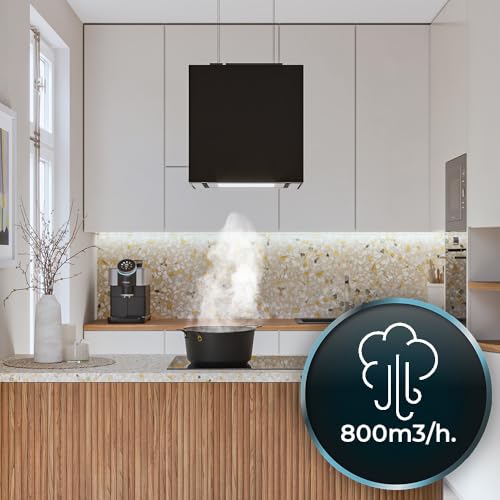 Cecotec Quadratische Insel-Dunstabzugshaube 44 cm Bolero Flux Cct 448000 Glass Black A++. Schwarze Glasoptik, Saugleistung 800 m³/h, 210-W-Motor, 3 Leistungsstufen, Kohlefilter