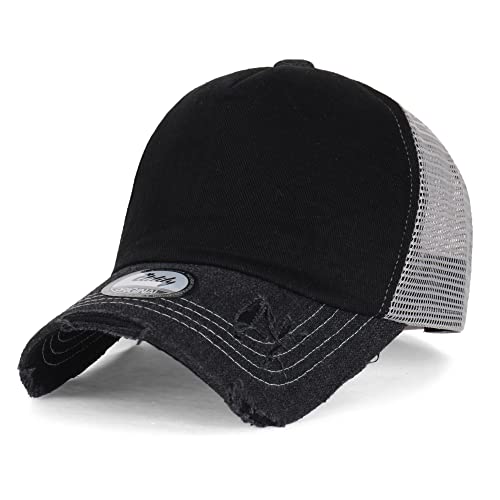 ililily Solid Color Vintage Distressed Mesh Blank Trucker Hat Baseball Cap, Black, Medium
