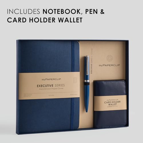 Image of myPAPERCLIP Executive Series A5 Diary & Pen Gift Set | Includes Classic Ball Pen, Italian Leather Card Holder & Softcover Notebook | 192 Pages, 80 GSM | Ideal Corporate, Office & Personal Gift | Blue
