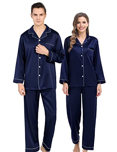 SWOMOG Couples Matching Silk Satin Pajamas Set Long Sleeve Sleepwear Soft Button Down Loungewear 2 Pcs Pj Set