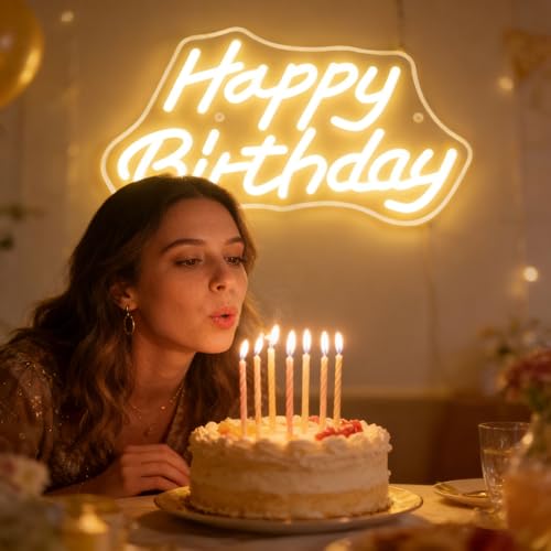 Image of Happy Birthday Neon Sign, 5V USB LED Neon Light with On /Off Switch, Warm White Neon Signs for Birthday Party Decorations, Bedroom Wall Decor, Birthday Gifts(Happy Birthday4)