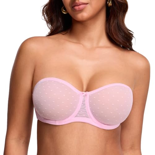Image of DOBREVA Women's Mesh Strapless Bra Sheer Unlined See Through Underwire Bras Plus Size