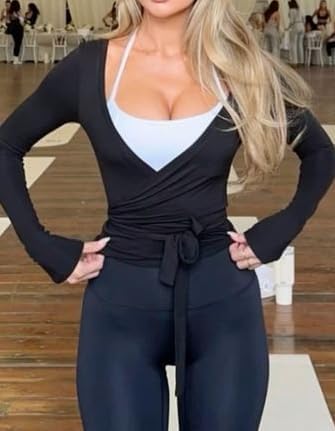 Women Wrap Yoga Shirts Long Sleeve Deep V Neck Tie Front Workout T Shirts Casual Slim Fit Sports Active Tops - Image 3