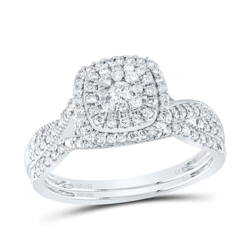 Jewels By Lux 14kt White Gold 1/2 Cttw Natural Diamond Cushion Double Halo Wedding Engagement Anniversary Bridal Set, Women Size: 5-9