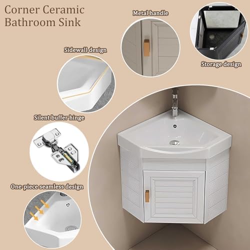 Compact Corner Bathroom Sink, Triangular Wall Hung Ceramic Wash Basin with Storage Container, Toilets and Vanity Cabinets