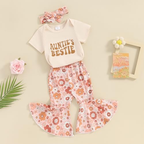 Aunties Bestie Baby Clothes Girl Baby Girl Aunt Saying Letter Romper Shirt Floral Flare Pants Headband 3Pcs Outfit2