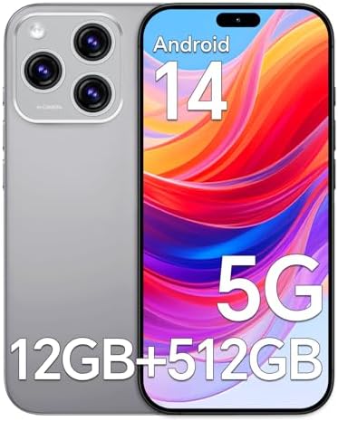A16PM Unlocked Cell Phones,12+512GB Android 14 Smartphone, 6.7″ HD Screen,5000mAh Battery, 5G Dual SIM Dual Standby, 108MP+48MP Camera, Support Face ID/WiFi/Bluetooth/GPS (Grey)