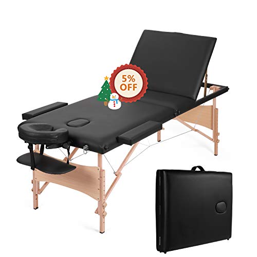 MaxKare Portable Massage Table Adjustable Lash Bed Three-Fold Massage Bed 84'' Facial Professional SPA Bed with Carrying Bag & Accessories(Black)