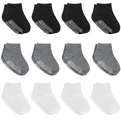 12 Pairs Non-Slip Toddler Socks With Grips for Baby Boys and Girls - Anti-Slip Crew Socks for Infant's and Kids