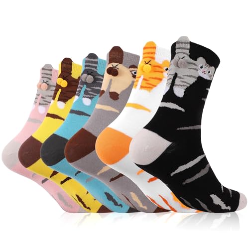 scenicamp 6 Pairs Cute Siamese Cat Socks with Bells Womens 3D Novelty Funny Animal Cotton Crew Socks for Women Cats Lovers Gifts Fun Crazy Weird Unique Sock for Girls Lady Mom