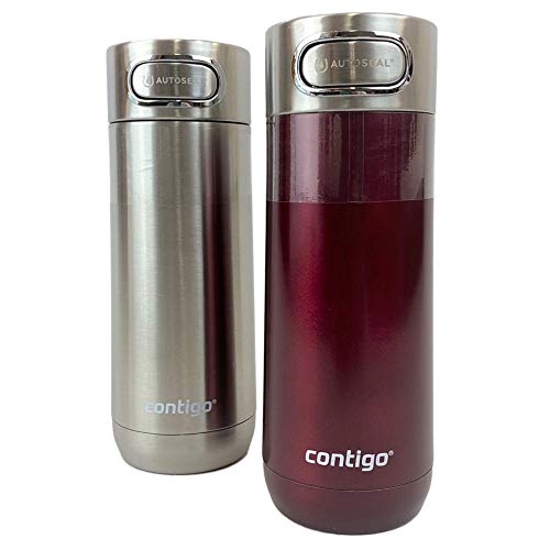 Contigo Luxe AUTOSEAL Travel Mug Tumbler w/Lid | Vacuum-Insulated | Spill-Proof Mug Stainless Steel 14 oz, Red & Sliver (2Pack)