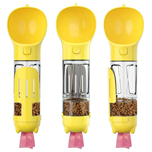 EASY1SELECT 5 in 1 Dog Water Bottle with Bowl, Food Container, Poop Shovel and Poop Bag Storage, Drinking Bowl, Food Grade, Lightweight Portable dog water bowls, Travel, Hiking, Walking, Jog (YELLOW)