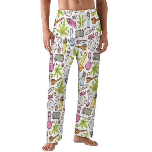 Bagea-Ka Green Weed Marijuana Kawaii Cartoon Pattern Mens Pajama Pants Lounge Sleep Long Pants with Pocket Loungewear