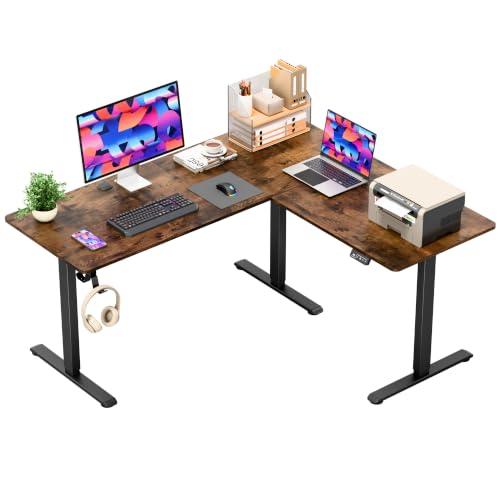 Image of Furmax 63 x 55 Inch L Shaped Standing Desk with 2 Preset Heights, Electric Height Adjustable Computer Table, 2 Hooks & Feet Balance, Corner Sit Stand Desk for Home Office (Rustic Brown, 63 x 55 Inch)