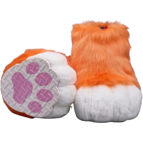 Fursuit feet paw Shoes kit Plush Furry Boots fursuit Costume paw Shoes Halloween Accessories Cosplay Costume Comic Exhibition (Green, 11 in) (Orange, 9.45in)