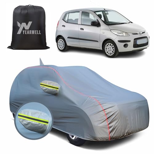 Image of Car Body Cover for Hyundai i10 Old, 100% Waterproof, Heat-Resistant with Mirror & Antenna Pockets, Soft Cotton Lining, Triple Stitched, Green Reflector (Metallic Grey)