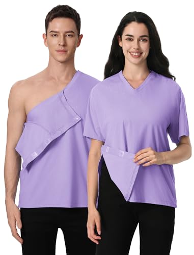 Image of Magnetic Buttons Post Shoulder Surgery Recovery Shirt for Men V-Neck Tear Away Adaptive Chemo Port Clothing for Women