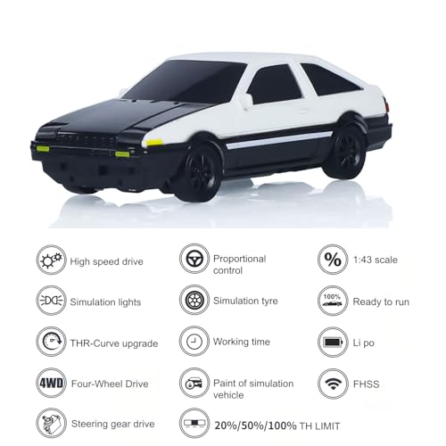TOUCAN RC HOBBY 1/43 Rc Drift Car AE86 15km/h High Speed 2.4G Radio Controlled Racing Vichle Fully Proportional 4WD RTR Mini Model Dual Hazard Lights Radio Battery 14+