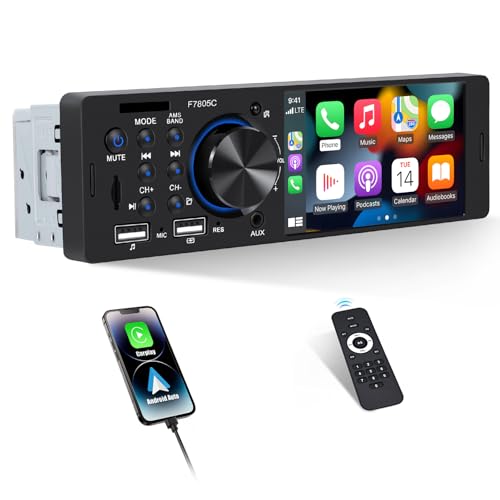 CAMECHO Single Din Car Stereo with CarPlay Android Auto, 4 Touchscreen Car Radio with Bluetooth 5.1 Mirror Link FM Radio AUX/TF/USB 1 Din Head Unit + Remote Control