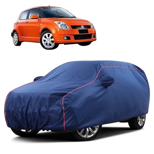 Image of Sulfar 100% Water Resistant Car Body Cover Compatible with Mirror for Maruti Suzuki Old Swift (Triple Stitched, Full Bottom Elastic, Blue Taffeta with Red Piping)