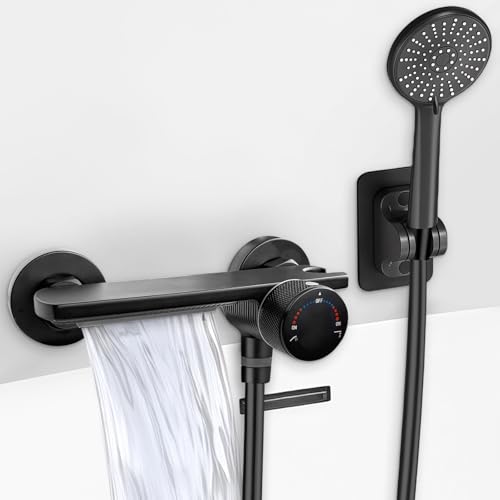 Robinet Baignoire avec Douchette, Robinet de Baignoire Cascade avec Douche, Robinet Baignoire, Tuyau en PVC de 1,5 m et Support Mural, Mitigeur en Laiton avec 5...