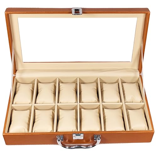 Image of ZAFCO PU Leather Watch Box Organizer with Acrylic Top, Lock & Handle - Luxury Watch Storage Case with Soft Cushions for Men & Women - Large Display Watch Holder -Tan 12 Slot