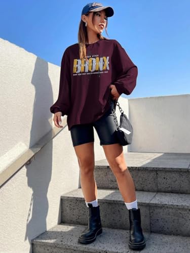 Image of CHKOKKO Oversized Round Neck Drop Shoulder Printed Polyester Full Sleeves T-Shirt for Women