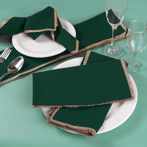 Image of FINGERCRAFT 100% Cotton Cloth Napkins Set of 12, 20 x 20 Inch Reusable Table Napkins with Golden Trim Lace, Mitered Corners, Dining Table Linen for Wedding, Festive, Restaurant & Home Use (Eden Green)